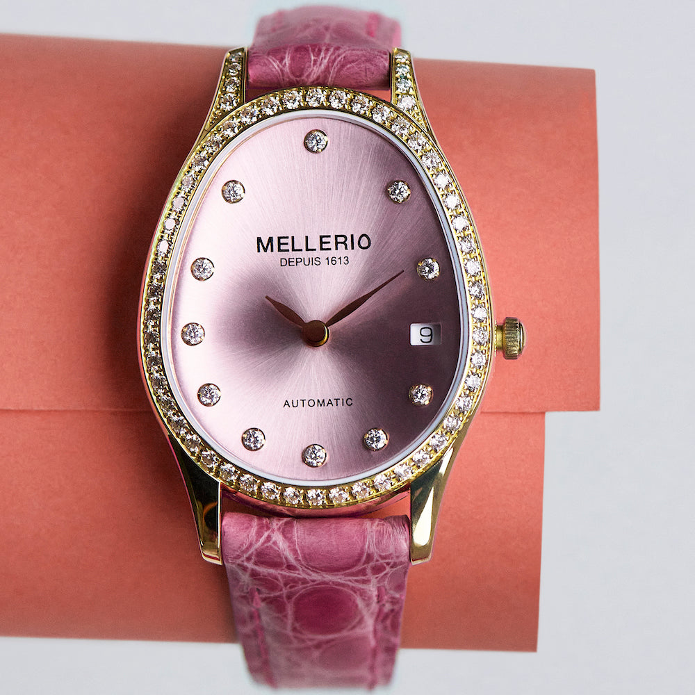 Yellow Gold and Diamond Mini M Cut Paved Watch Pink Dial Luxury Watch Mellerio